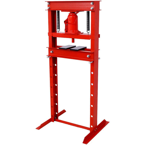 Top Shelf 20 Ton Hydraulic Shop Press With Rock Hard H Frame Floor Base Built For Ridiculous Auto Repair Grind Bearing Inserts Pulley Swaps And U Joint Pressing In Vivid Red, close up of hydraulic press structure.