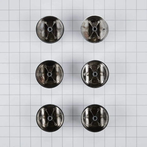 Top view of six stainless steel knobs in Range Knob Kit For Ovens And Ranges Top Notch Factory Certified Appliance Part Easy Install Includes One Knob Durable Replacement For Kitchen Stove Controls Ideal For Cooktop And Oven Knobs.