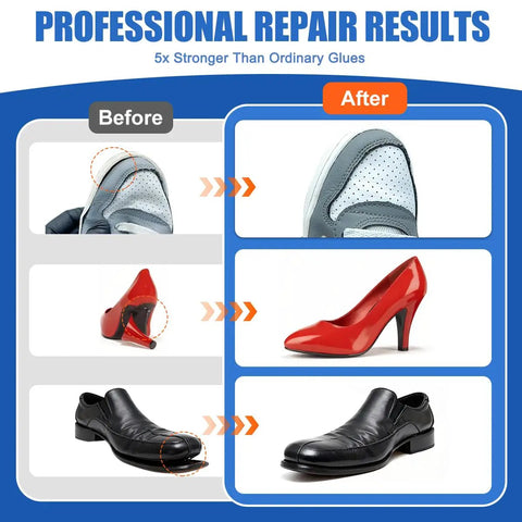 Everyday Shoe Glue For Repairs And No Fuss Quick Flexible Waterproof Adhesive For Insoles Soles Heels And Leather 100Ml Professional Grade Fast Setting Clear Drying Bond That Lasts showing before and after repair results on various shoes.
