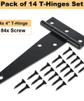 14 Pack 4 Inch T Hinge Heavy Duty Shed Door Hinges with screws, black powder coated iron for barn doors and gates, shown on white background
