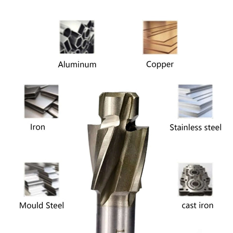 Front view of an HSS counterbore end mill with pilot slots for CNC routers; M3–M12 size range.