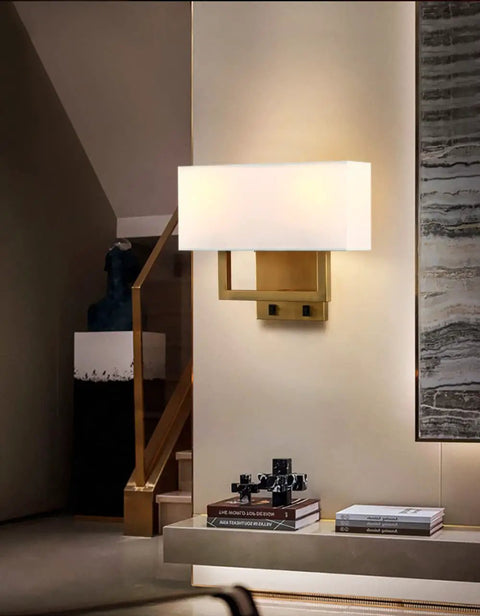Antique Finish Wall Sconce Lights Set Of Two With White Textile Shades And On Off Switch in modern living room setup