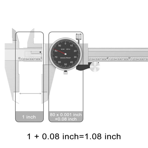 Dial Caliper With Shockproof Black Dial Face, 0-6 In Range, 0.001 In Resolution showing 1.08 inch measurement with four-way measurement