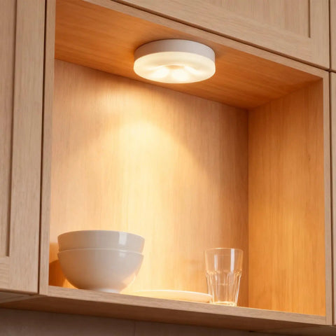 4 Pack Rechargeable Puck Lights With Remote And Touch Control, brightening wooden kitchen shelf, highlighting dishes