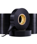 10 Pack Black Waterproof Electrical Tape Three Quarter Inch by Sixty Six Feet Pro Grade Industrial UL CSA Listed High Temp Vinyl Tape for Wiring Insulation and Outdoor Projects, showing three rolls stacked and one unrolled.