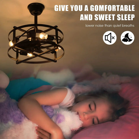 Caged Ceiling Fan With Remote Control And Light, Farmhouse Flush Mount Industrial Low Profile Ceiling Fan in bedroom scene