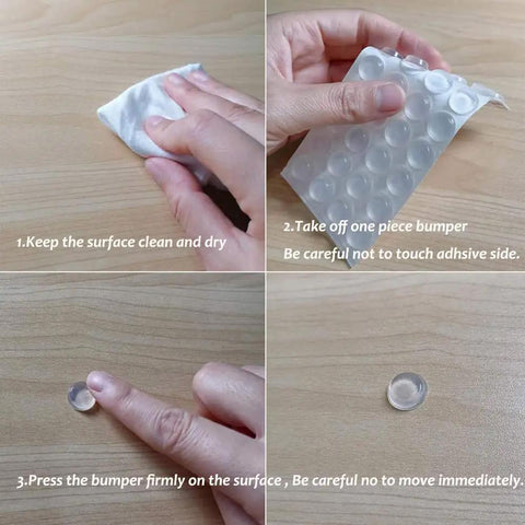 Applying self adhesive noise dampening bumper pads 272 pcs for furniture surface protection and quiet closures
