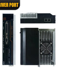 Three AC servo drive modules with RS485 ports, cooling fan, and heatsinked chassis