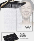 Golden White Wall Mounted Shower System With Rainfall Head And Massage Jets Solid Brass Swivel Spout four handle rainfall shower head with water flow.