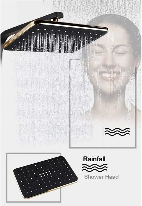 Golden White Wall Mounted Shower System With Rainfall Head And Massage Jets Solid Brass Swivel Spout four handle rainfall shower head with water flow.