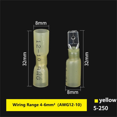 Top Notch Heat Shrink Spade Terminals Kit With Adhesive Lined Tubing For Secure Male Female Quick Disconnect Wire Connections That Banish Loose Wiring And Stop Moisture From Ruining Your Auto Or Marine Electrical Setup In A Hurry, 8mm, 32mm, yellow