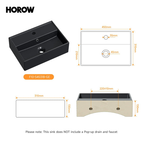 Bathroom Wash Basin(45 * 31 * 13cm) - Countertop/Wall-Mounted Recular Sink (Black) top view showing dimensions and design.