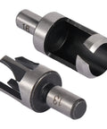 Top Shelf Carbon Steel Wood Plug Cutter Set With Taper Claw Bits And Chamfered Edge Cutters In 5/8 1/2 3/8 1/4 Inch Sizes showing two steel plug cutters.