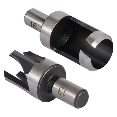 Top Shelf Carbon Steel Wood Plug Cutter Set With Taper Claw Bits And Chamfered Edge Cutters In 5/8 1/2 3/8 1/4 Inch Sizes showing two steel plug cutters.
