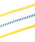 100 turquoise metal-film axial resistors on yellow tape carrier (through-hole)