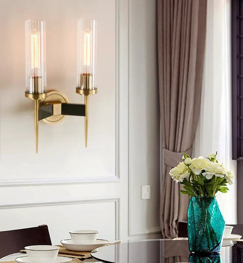 Two-Light Gold Brass Wall Sconces With 2.8 Inch Cylindrical Clear Glass Shades, Dimmable, E26 Base Compatible, 110-120V