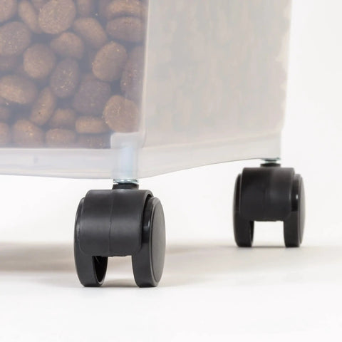 Airtight Pet Food Storage Container With Scoop Big 69 Quart Capacity For Dry Dog Food Cat Kibble And Bird Seed BPA Free FDA Grade Materials Removable Wheels Gray showing close-up of wheels.