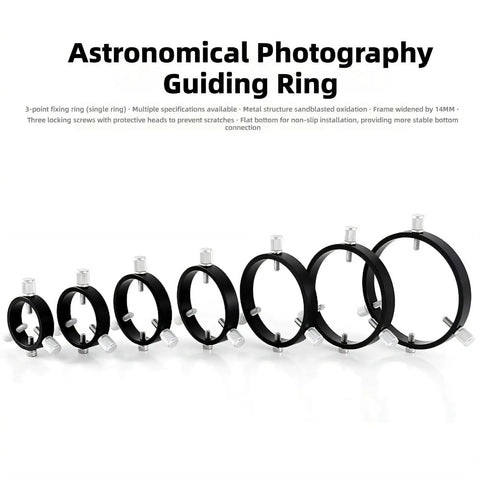 Assorted sizes of Three Point Astrophotography Guide Rings with Precision Guiding System, lightweight metal build for stable tracking.