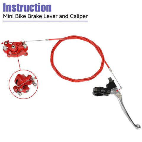 Mini Bike Brake Lever Kit With Caliper Replacement And 61 Inch Cable for small powersports bikes, red cable and lever visible