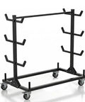 Heavy Duty Mobile Conduit And Lumber Storage Rack Rock Solid Build With Six Swivel Caster Wheels, black alloy steel frame with hooks.
