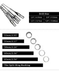 Mortising Attachment For Drill Press With Square Hole Hollow Chisel Set and bushings, showing four chisel sizes and rings.