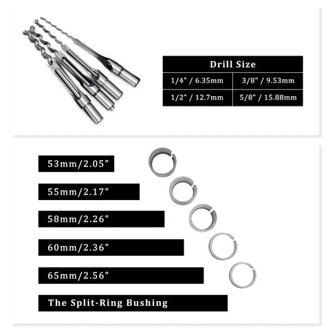 Mortising Attachment For Drill Press With Square Hole Hollow Chisel Set and bushings, showing four chisel sizes and rings.