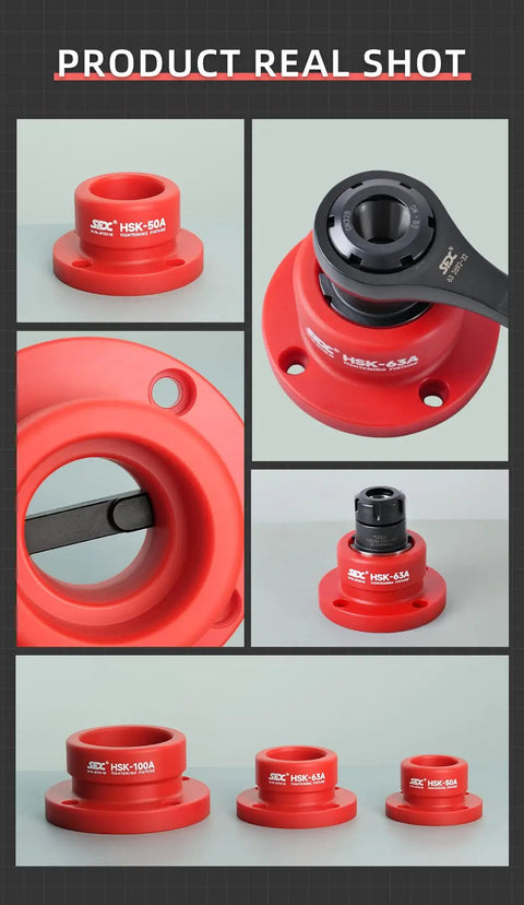 HSK50A Tool Holder Tightening Fixture for Universal CNC Equipment, aluminum alloy, red tool holder with anti-skid lock design.