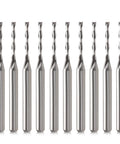 Ten carbide end mills with 1/8 in shank and 1/16 in cutting diameter, two-flute upcut CNC router bits set