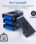 Stack of heavy duty furniture sliders with wheels, each with blue anti-slip pads for 700 lbs load, showing metal design.