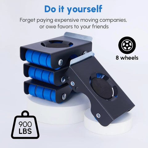 Stack of heavy duty furniture sliders with wheels, each with blue anti-slip pads for 700 lbs load, showing metal design.