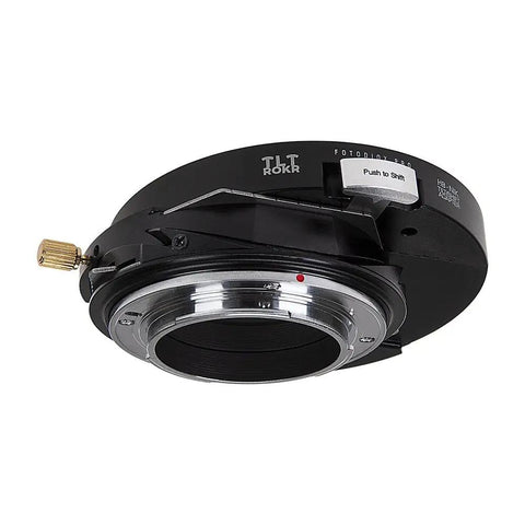 Boss Tilt Shift Lens Mount Adapter From Hasselblad V-Mount Lenses To Nikon F Bodies With 20mm Total Shift, 10 Degree Tilt, And 360 Degree Rotation For Creative, High Detail Shots On Modern DSLRs., black metal tilt-shift adapter with shift lever and Nikon F mount