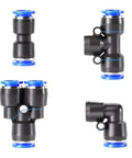 Get This Awesome 32 Piece Pneumatic Fittings Kit With Push To Connect Air Hose Connectors For Quick And Easy Setup On Your Precision Automation Gear Including Straight Elbow Tee Y Splitter Types Perfect For 4 6 8 And 10mm Tubing Hoses. Black push-to-connect pneumatic fittings, straight, tee, Y-splitter and elbow types.