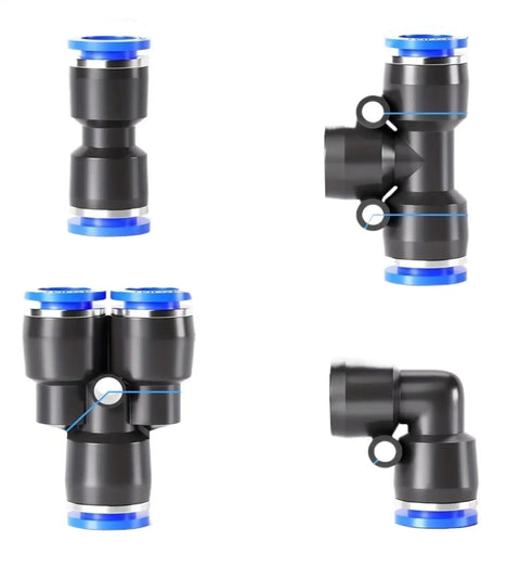 Get This Awesome 32 Piece Pneumatic Fittings Kit With Push To Connect Air Hose Connectors For Quick And Easy Setup On Your Precision Automation Gear Including Straight Elbow Tee Y Splitter Types Perfect For 4 6 8 And 10mm Tubing Hoses. Black push-to-connect pneumatic fittings, straight, tee, Y-splitter and elbow types.