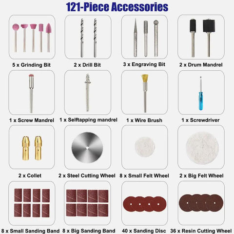 Mini Dope Rotary Tool Kit With 121 Accessories For Small Crafts And Projects, accessory set illustration with various bits and wheels.