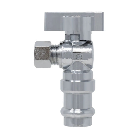 ProPress Angle Stop Valve 1/2 In Press x 3/8 In Compression, Heavy-Duty Lead-Free Brass Plumbing Shutoff, Leak-Free Connection, Quick Install, Durable, Professional-Grade Valve For Home And Commercial Plumbing, chrome angle valve