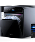 Real Talk Smart Countertop Ice Maker Cranks Out Fresh Ice In Three Minutes with app control and ice cubes visible.