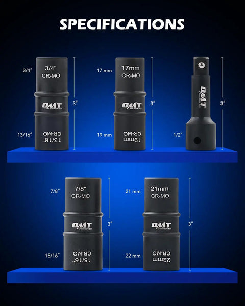 Five Piece One Half Inch Drive Lug Nut Socket Set With Impact Flip Sockets Metric 17 19 21 22 Mm And SAE set specifications