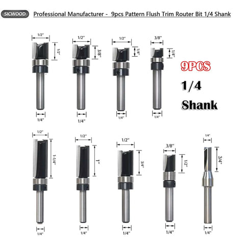 9 Piece Pattern Flush Trim Router Bit Set With 1/4 Inch Shank And Carbide Tips Pro Grade Top Bearing Template Guide