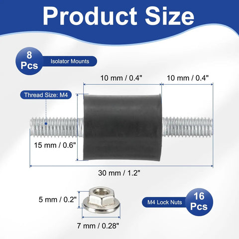 Heavy Duty Zero Rattle M4 Rubber Isolator Mounts For Engines And Air Compressors With Solid Lock Nuts 30 Millimeter Height, detailed size chart.