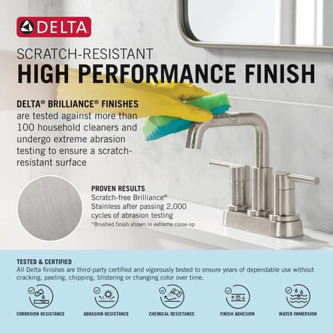 Woodhurst Centerset Brushed Nickel Dope Sleek Bathroom Faucet with Metal Push-Pop Drain, scratch-resistant, on sink with gloves