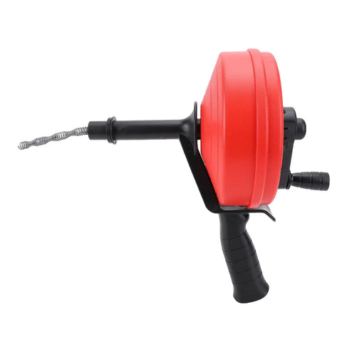 Heavy Duty Drain Auger With 10m Coil Spring And Twin Modes For Knocking Out Stubborn Clogs With No Sweat, side view of black and red auger.