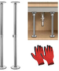 Stainless Steel Adjustable Undermount Sink Brackets Kit With Waterproof Gloves For Kitchen And Bathroom Heavy Duty Support System Easy Install And Repair Height Adjustable From Sixteen To Twenty Eight Inches Rust Proof And 330 LB Capacity displayed with adjustable poles and red gloves.