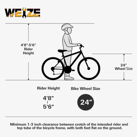 Diagram showing 24 Inch Kids Mountain Bike With Dual Full Suspension And 6 Speed Drivetrain, rider height range 4'8"-5'6".