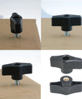 Four Pack Quarter Twenty Thru Knobs For T Track Woodworking Jigs Featuring Heavy Duty Ergonomic Wing Nuts And Rust Proof Steel Hardware, black knobs with screws.