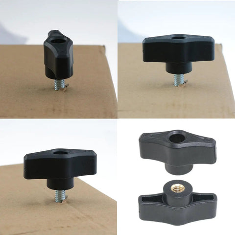 Four Pack Quarter Twenty Thru Knobs For T Track Woodworking Jigs Featuring Heavy Duty Ergonomic Wing Nuts And Rust Proof Steel Hardware, black knobs with screws.