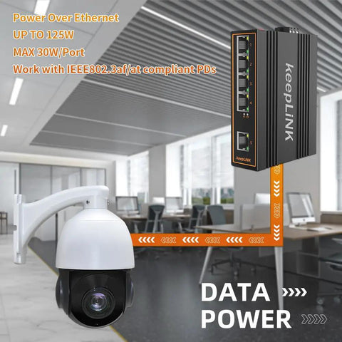 Industrial PoE Switch, 5 Port Unmanaged Ethernet, 125W Total Power, shown with camera, Din Rail Mounted, 10/100 Mbps PoE Plus
