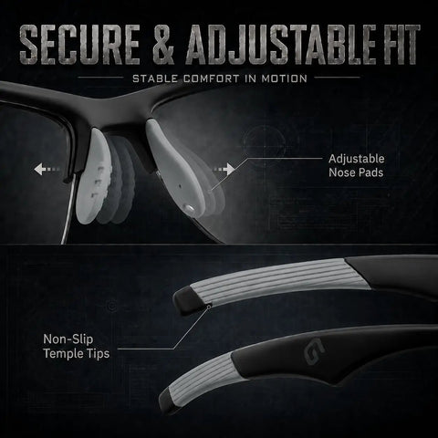 Close-up view of Hardcore Photochromic Safety Glasses With Slick Adaptive Lenses And Uv400 Shield showing adjustable nose pads and non-slip temple tips.