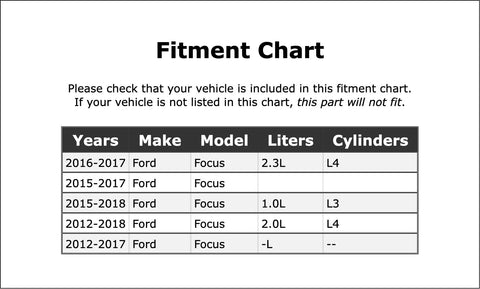 Fitment chart for Ford Focus 2012-2018 showing engine sizes and cylinder details for Front Wheel Bearing Retaining Ring