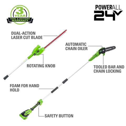 Diagram of cordless 24V polesaw and hedge trimmer combo kit with labeled features for pruning branches and shrubs.