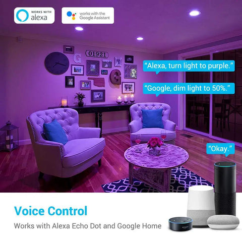 Living room with Smart Retrofit LED Recessed 6 Inch Downlights With Color Changing RGBCW 15W 1150 Lumens, voice-controlled lighting.